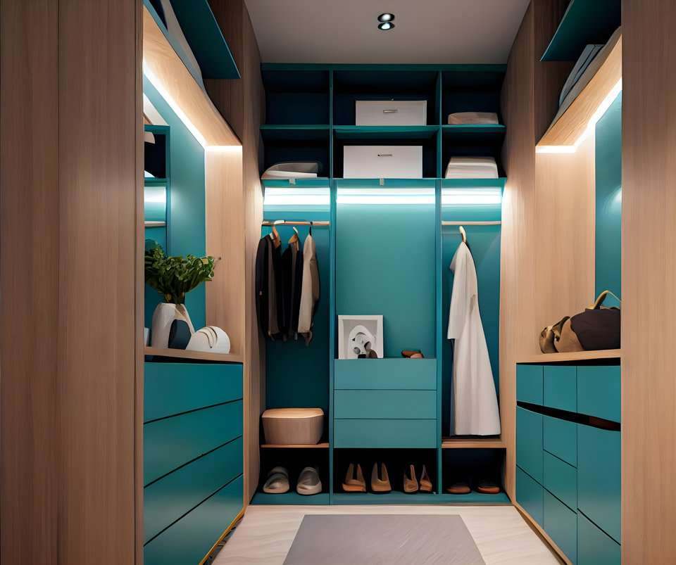 Green walk-in wardrobe with built-in lighting by Befilo