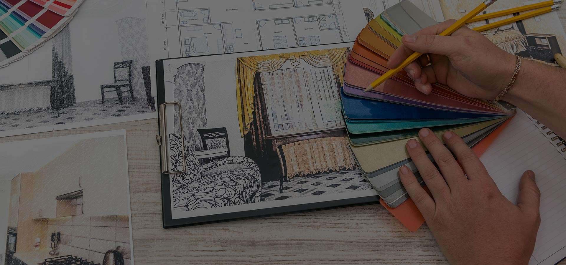 Hand-drawn interior plans with a fan of colour swatches