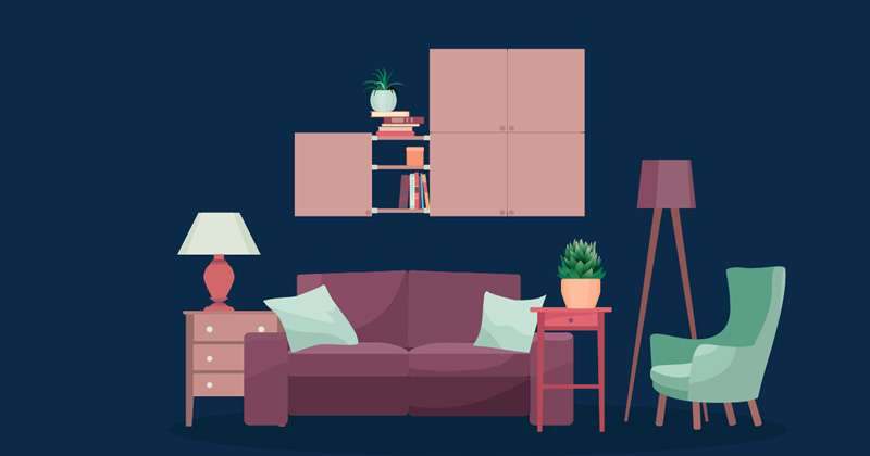 A living room with a fitted sideboard, sofa and armchair