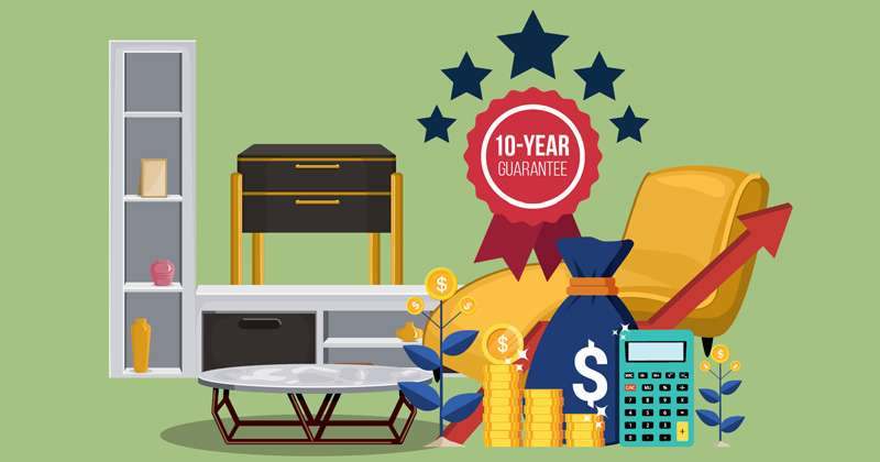 Furniture with a ten-year guarantee badge, coins and a calculator