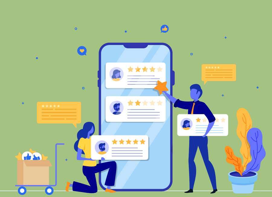Clients reading reviews on a phone screen