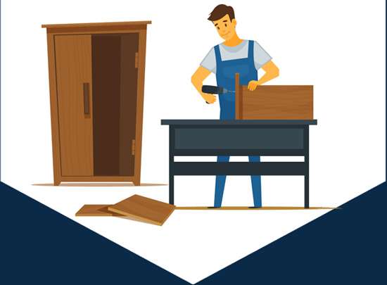 A carpenter assembling a cabinet at his bench