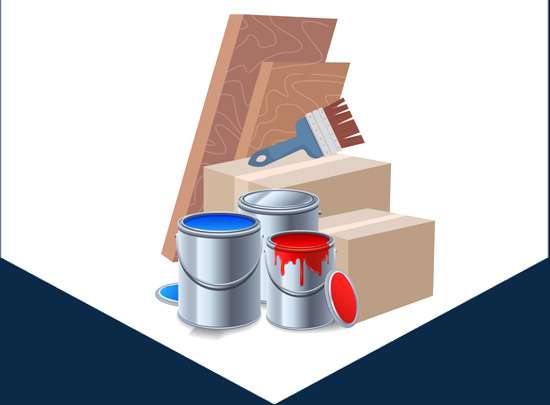 Paint tins, a brush and wood samples